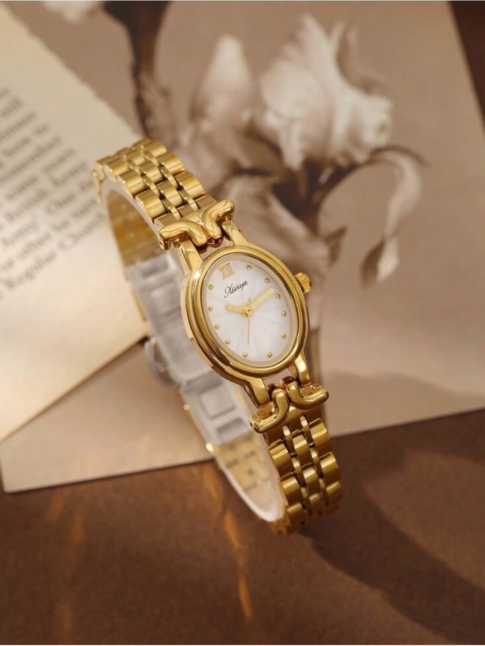 SHEIN Gold-Tone Women's Bracelet Watch with White Dial